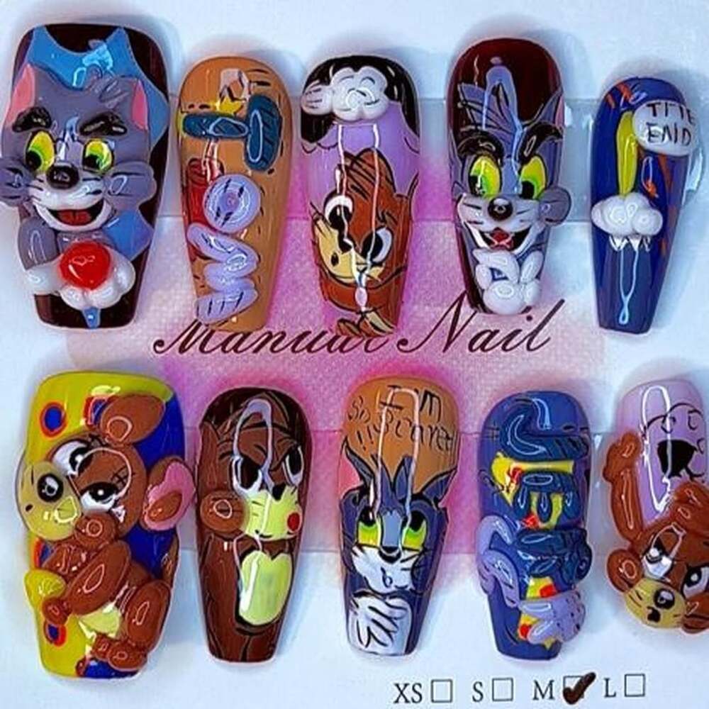 PRESSure Nails Hand-Painted 3D Cartoon Cat & Mouse Press-On Nails M